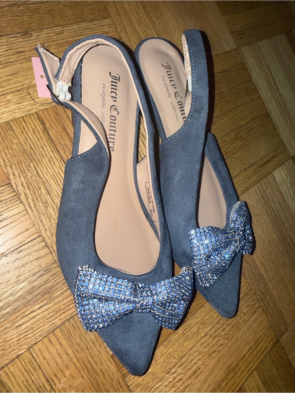 Juicy Couture blue suede ballet flats with rhinestone bow detail #balletflats